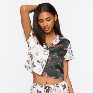 Forever 21 XXL Butterfly Print Black & White Satin Shirt